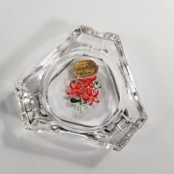 Bohemia Glass Individual Personal Ashtrays Floral Design Hexagon Shape Vintage - Picture 4 of 8